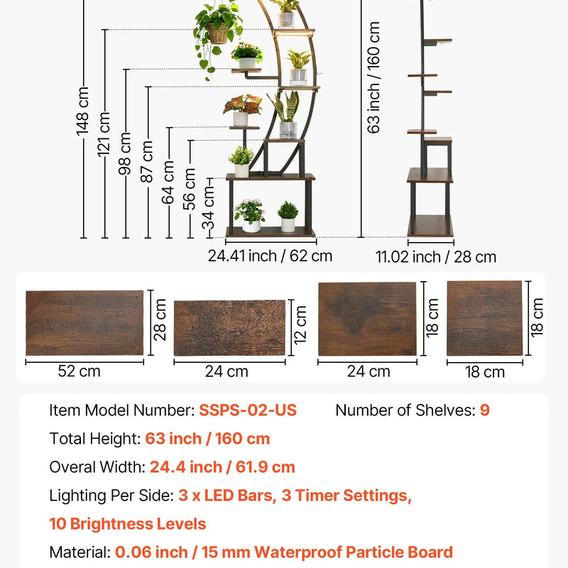 VEVOR 9 līmeņu iekštelpu augu statīvs ar audzēšanas gaismām, 160 cm liektas formas metāla stūra plaukts ar taimeri un 10 spilgtuma līmeņiem, augu un ziedu ekspozīcijas statīvs dzīvojamai istabai un balkonam