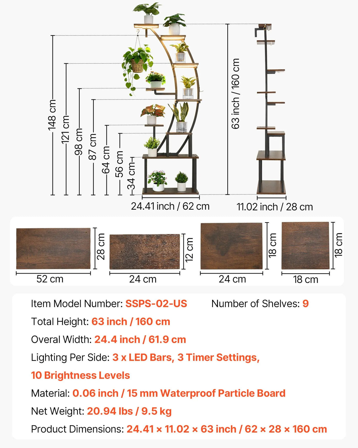VEVOR 9-Tier Indoor Plant Stand with Grow Lights, 160 cm Curved Metal Corner Shelf with Timer and 10 Brightness Levels, Plant and Flower Display Rack for Living Room and Balcony
