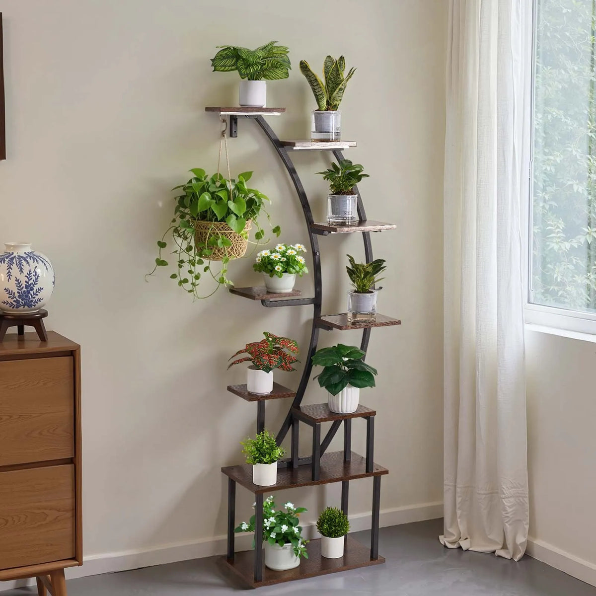 VEVOR 9-Tier Indoor Plant Stand with Grow Lights, 160 cm Curved Metal Corner Shelf with Timer and 10 Brightness Levels, Plant and Flower Display Rack for Living Room and Balcony