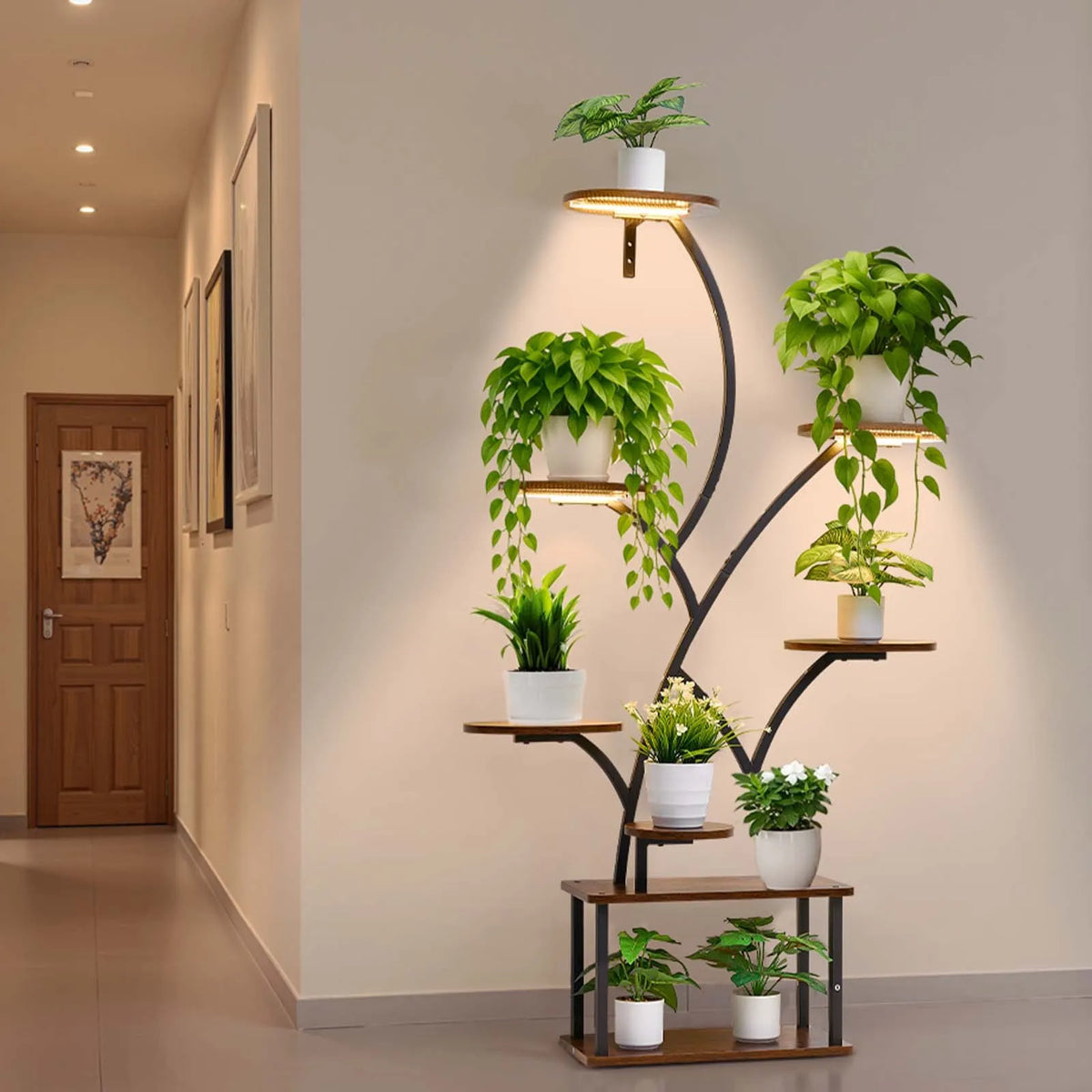 VEVOR Indoor Plant Stand with Grow Light, 157.5 cm Tall 8-Tier Illuminated Shelf, Metal Corner Plant Holder with 3 Timers and 10 Brightness Levels, Wood-Grain Flower Stand for Living Room or Balcony