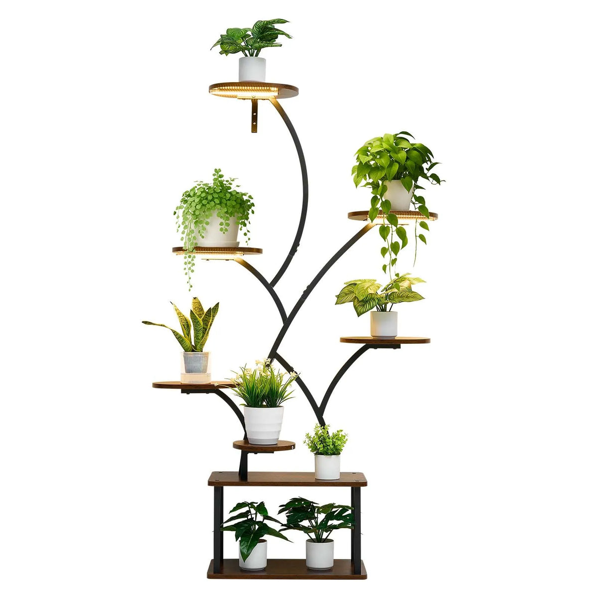 VEVOR Indoor Plant Stand with Grow Light, 157.5 cm Tall 8-Tier Illuminated Shelf, Metal Corner Plant Holder with 3 Timers and 10 Brightness Levels, Wood-Grain Flower Stand for Living Room or Balcony