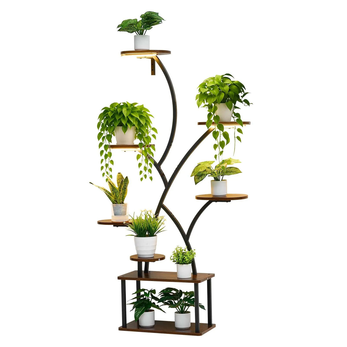VEVOR Indoor Plant Stand with Grow Light, 157.5 cm Tall 8-Tier Illuminated Shelf, Metal Corner Plant Holder with 3 Timers and 10 Brightness Levels, Wood-Grain Flower Stand for Living Room or Balcony