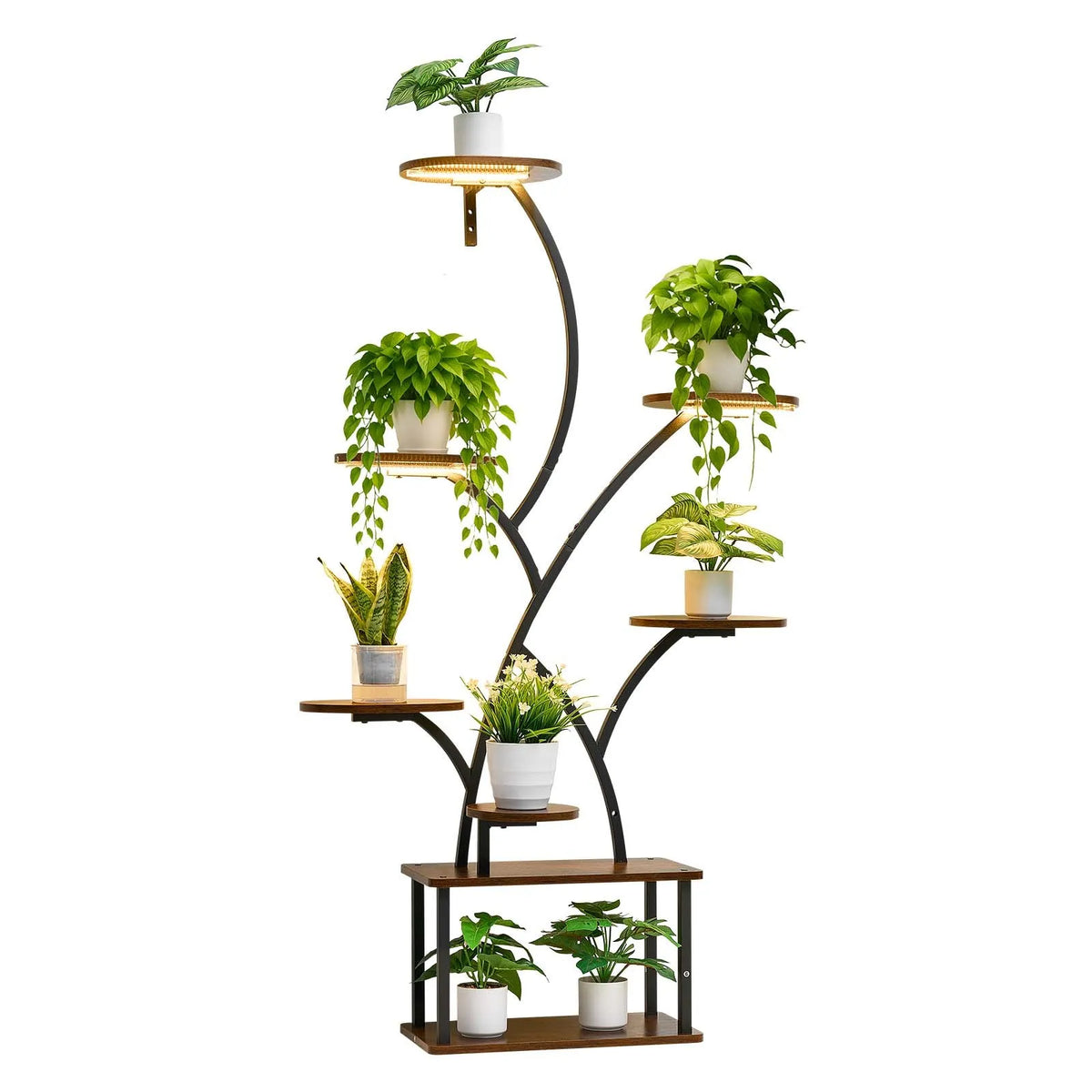 VEVOR Indoor Plant Stand with Grow Light, 157.5 cm Tall 8-Tier Illuminated Shelf, Metal Corner Plant Holder with 3 Timers and 10 Brightness Levels, Wood-Grain Flower Stand for Living Room or Balcony