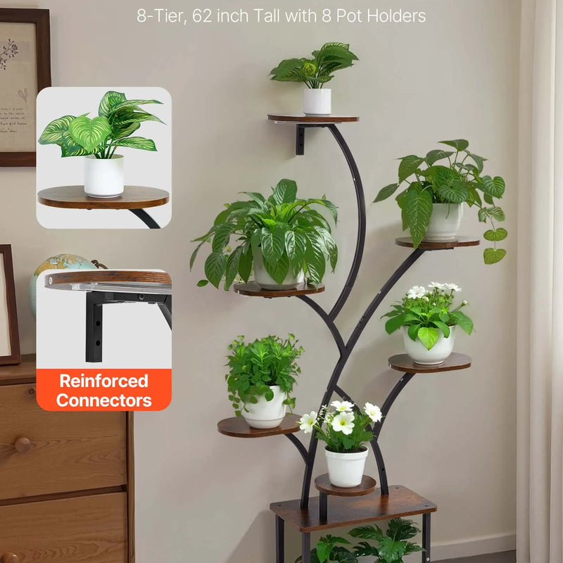 VEVOR iekštelpu augu statīvs ar audzēšanas apgaismojumu, 157,5 cm augsts 8 līmeņu apgaismots plaukts, metāla stūra augu turētājs ar 3 taimeriem un 10 spilgtuma līmeņiem, koka formas puķu statīvs viesistabai vai balkonam