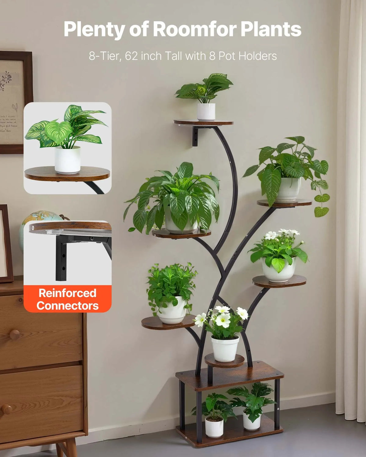 VEVOR Indoor Plant Stand with Grow Light, 157.5 cm Tall 8-Tier Illuminated Shelf, Metal Corner Plant Holder with 3 Timers and 10 Brightness Levels, Wood-Grain Flower Stand for Living Room or Balcony