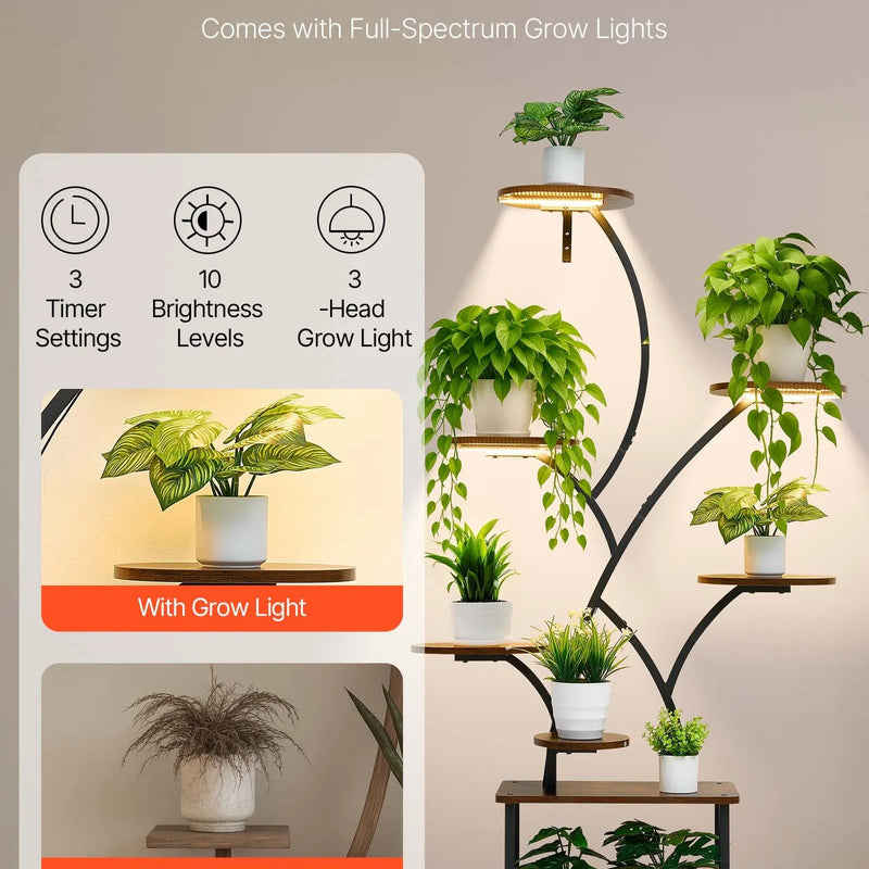 VEVOR iekštelpu augu statīvs ar audzēšanas apgaismojumu, 157,5 cm augsts 8 līmeņu apgaismots plaukts, metāla stūra augu turētājs ar 3 taimeriem un 10 spilgtuma līmeņiem, koka formas puķu statīvs viesistabai vai balkonam