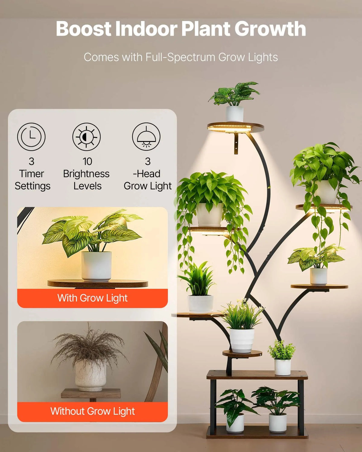VEVOR Indoor Plant Stand with Grow Light, 157.5 cm Tall 8-Tier Illuminated Shelf, Metal Corner Plant Holder with 3 Timers and 10 Brightness Levels, Wood-Grain Flower Stand for Living Room or Balcony
