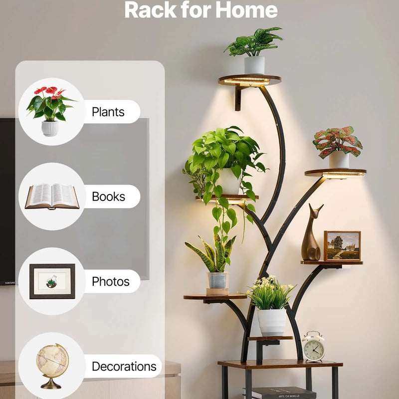 VEVOR iekštelpu augu statīvs ar audzēšanas apgaismojumu, 157,5 cm augsts 8 līmeņu apgaismots plaukts, metāla stūra augu turētājs ar 3 taimeriem un 10 spilgtuma līmeņiem, koka formas puķu statīvs viesistabai vai balkonam