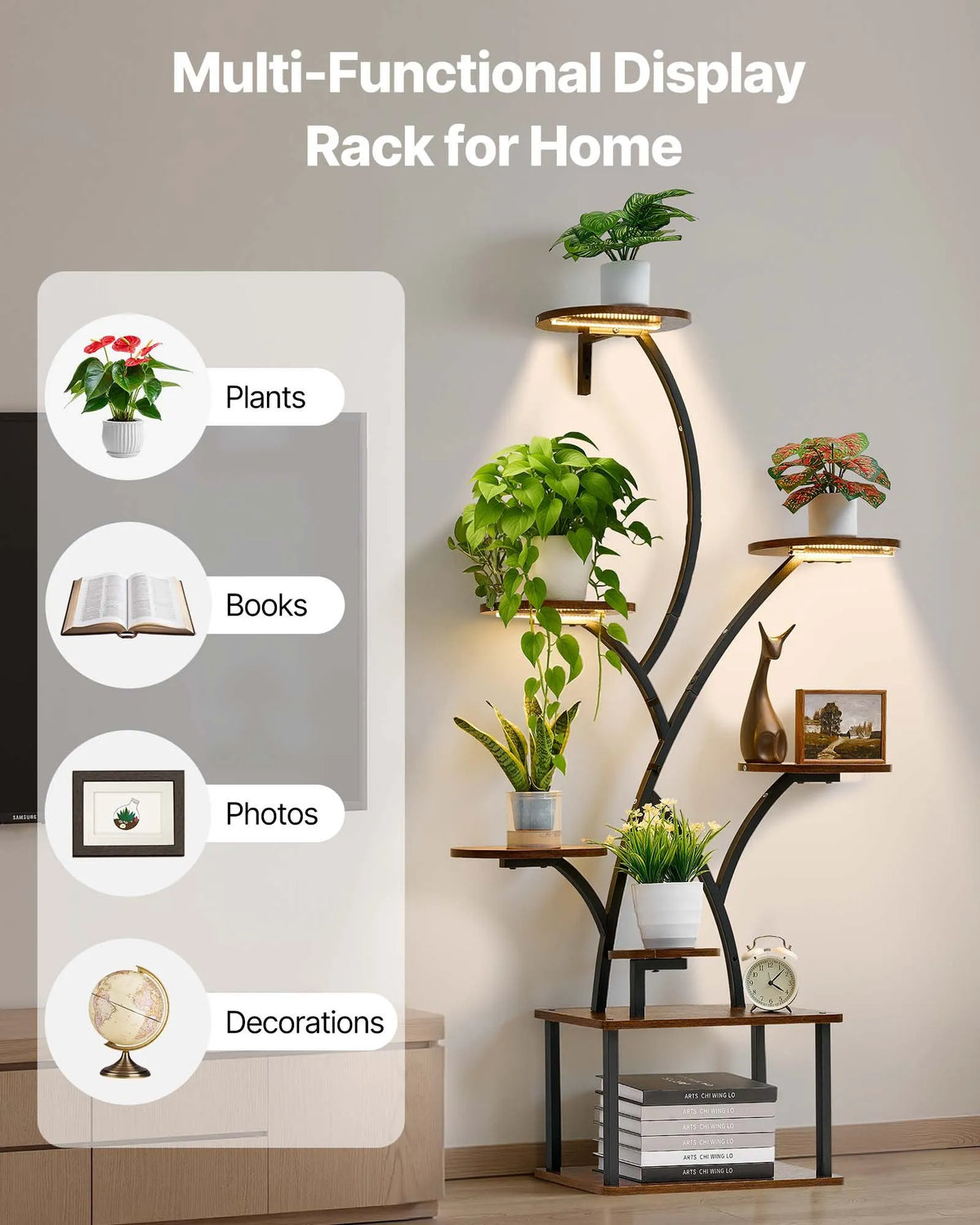 VEVOR Indoor Plant Stand with Grow Light, 157.5 cm Tall 8-Tier Illuminated Shelf, Metal Corner Plant Holder with 3 Timers and 10 Brightness Levels, Wood-Grain Flower Stand for Living Room or Balcony
