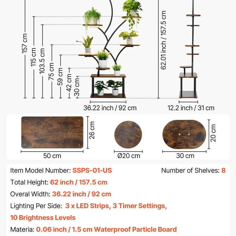 VEVOR iekštelpu augu statīvs ar audzēšanas apgaismojumu, 157,5 cm augsts 8 līmeņu apgaismots plaukts, metāla stūra augu turētājs ar 3 taimeriem un 10 spilgtuma līmeņiem, koka formas puķu statīvs viesistabai vai balkonam