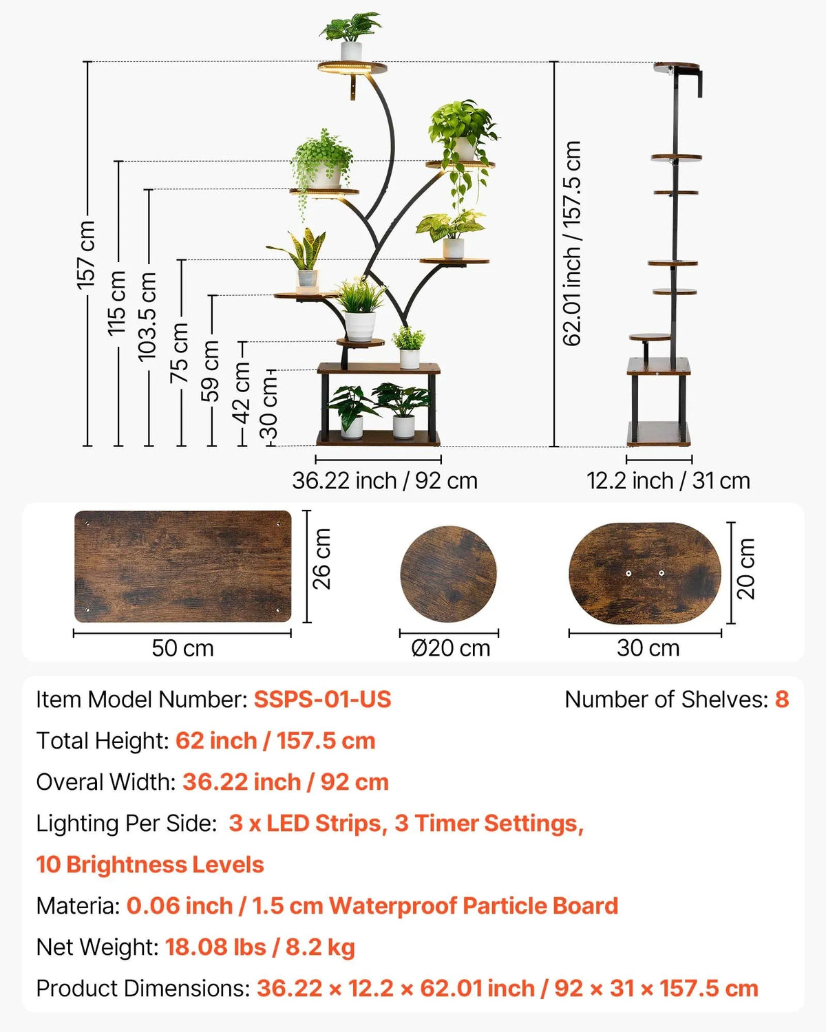 VEVOR Indoor Plant Stand with Grow Light, 157.5 cm Tall 8-Tier Illuminated Shelf, Metal Corner Plant Holder with 3 Timers and 10 Brightness Levels, Wood-Grain Flower Stand for Living Room or Balcony