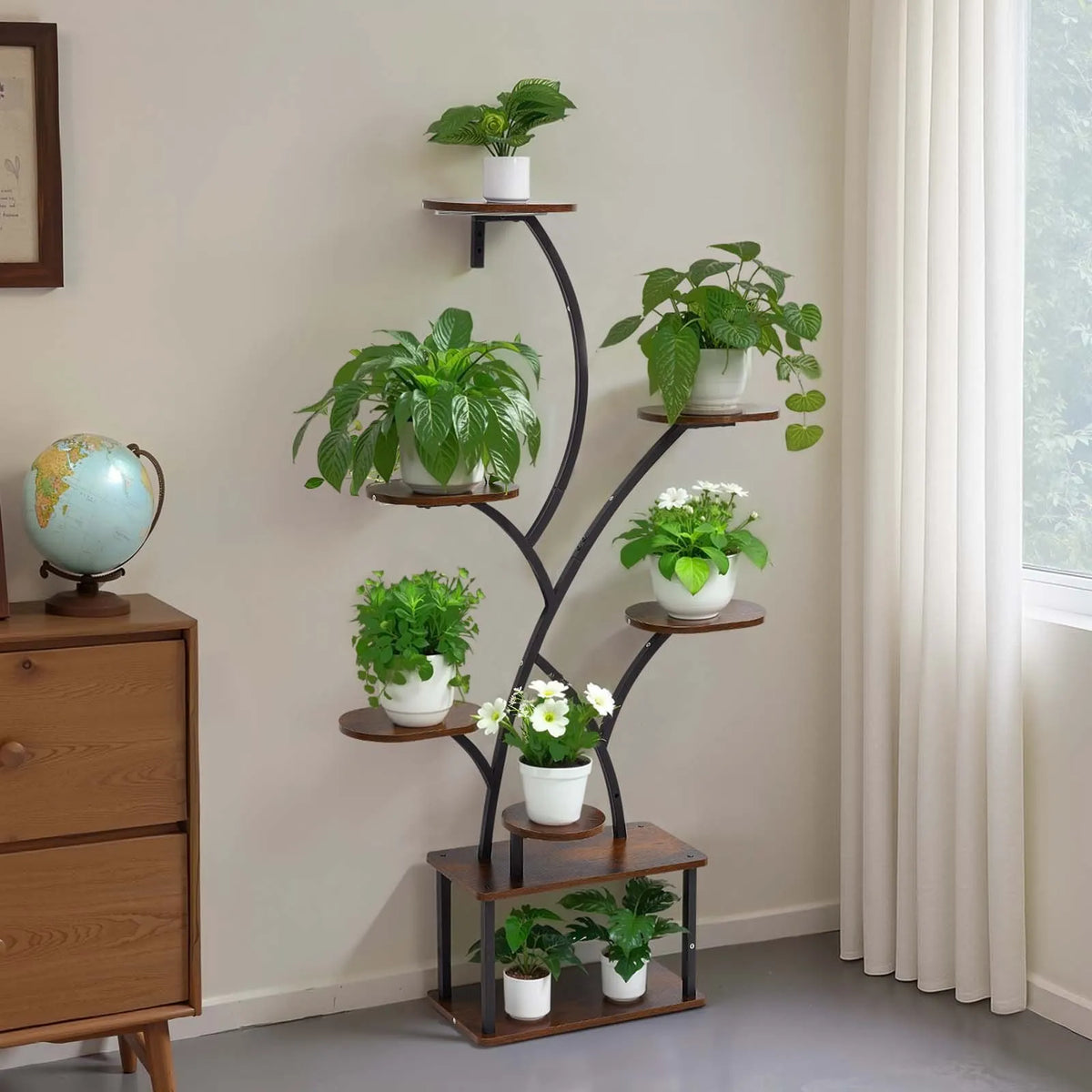 VEVOR Indoor Plant Stand with Grow Light, 157.5 cm Tall 8-Tier Illuminated Shelf, Metal Corner Plant Holder with 3 Timers and 10 Brightness Levels, Wood-Grain Flower Stand for Living Room or Balcony