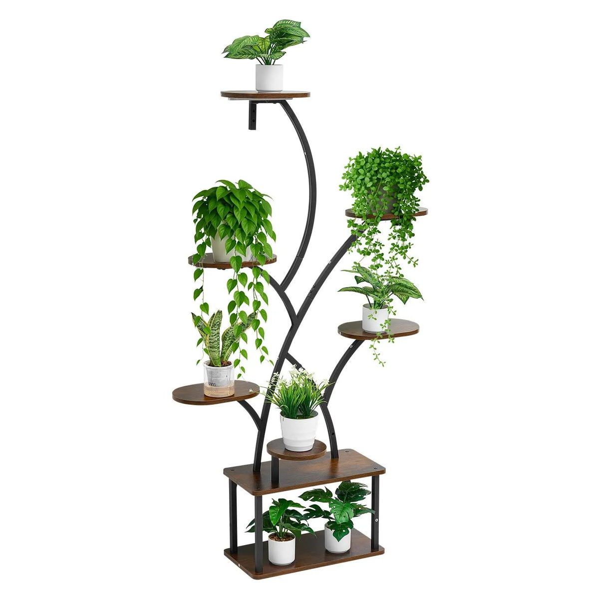 VEVOR Indoor Plant Stand with Grow Light, 157.5 cm Tall 8-Tier Illuminated Shelf, Metal Corner Plant Holder with 3 Timers and 10 Brightness Levels, Wood-Grain Flower Stand for Living Room or Balcony