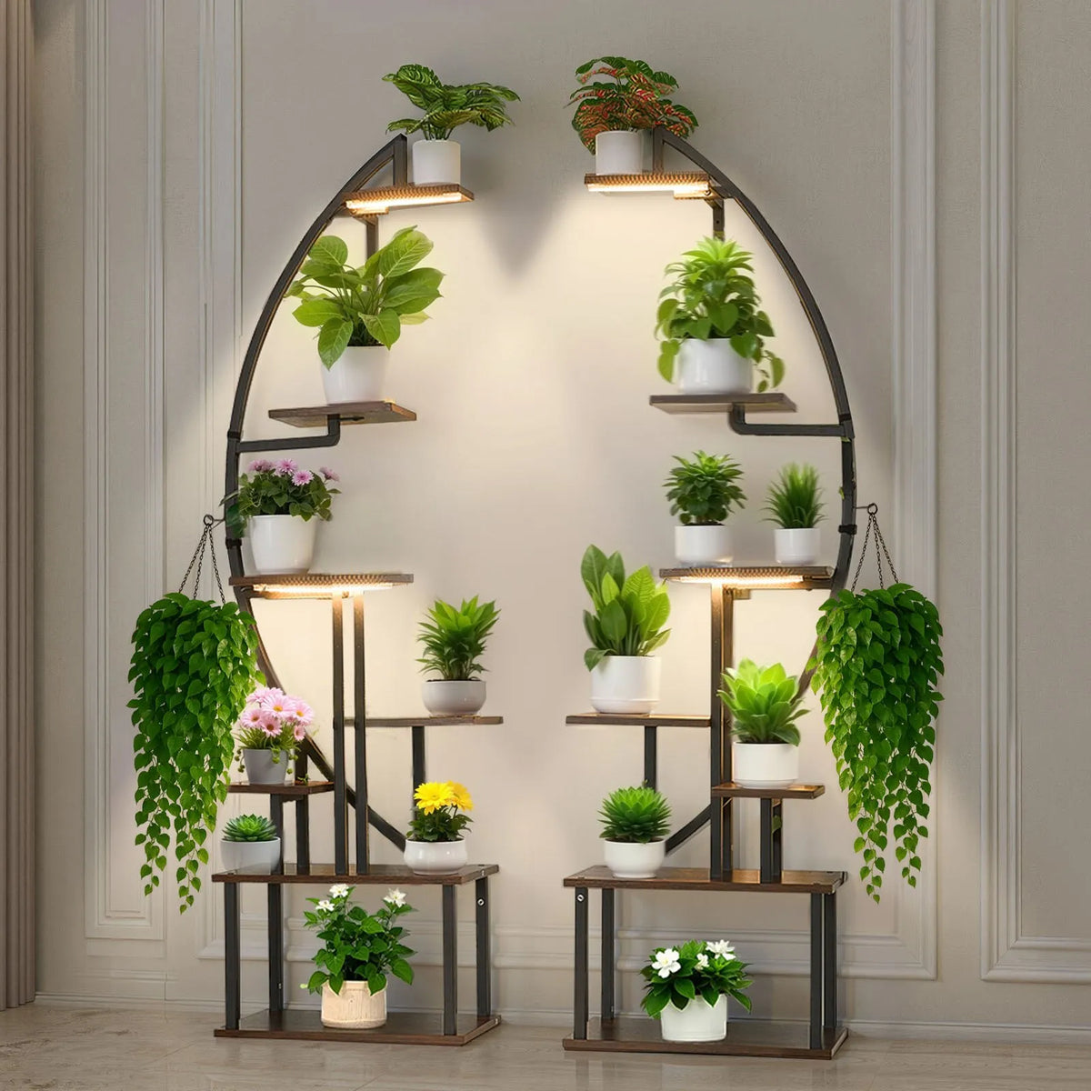 VEVOR Indoor Plant Stand with Grow Light, 166.5 cm Height, 7-Tier Crescent Metal Shelf (2-Piece Set) with Timer Function (3 Modes) and 10 Brightness Levels, Suitable for Flower and Plant Display in Living Room