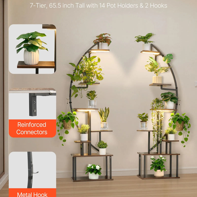 VEVOR iekštelpu augu statīvs ar audzēšanas apgaismojumu, 166,5 cm augsts, 7 līmeņu pusmēness formas metāla plaukts (2 gab. komplekts) ar taimera funkciju (3 režīmi) un 10 spilgtuma līmeņiem, piemērots ziedu un augu ekspozīcijai dzīvojamā telpā.