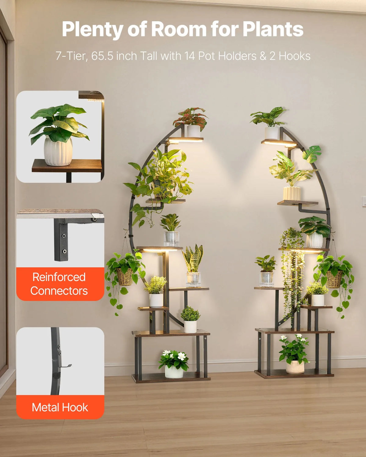 VEVOR Indoor Plant Stand with Grow Light, 166.5 cm Height, 7-Tier Crescent Metal Shelf (2-Piece Set) with Timer Function (3 Modes) and 10 Brightness Levels, Suitable for Flower and Plant Display in Living Room