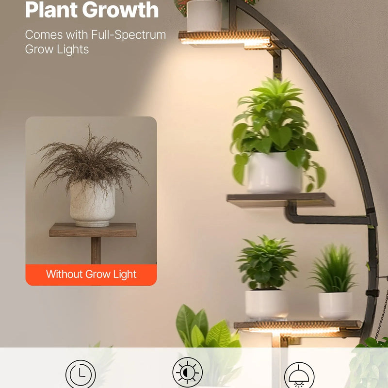VEVOR iekštelpu augu statīvs ar audzēšanas apgaismojumu, 166,5 cm augsts, 7 līmeņu pusmēness formas metāla plaukts (2 gab. komplekts) ar taimera funkciju (3 režīmi) un 10 spilgtuma līmeņiem, piemērots ziedu un augu ekspozīcijai dzīvojamā telpā.