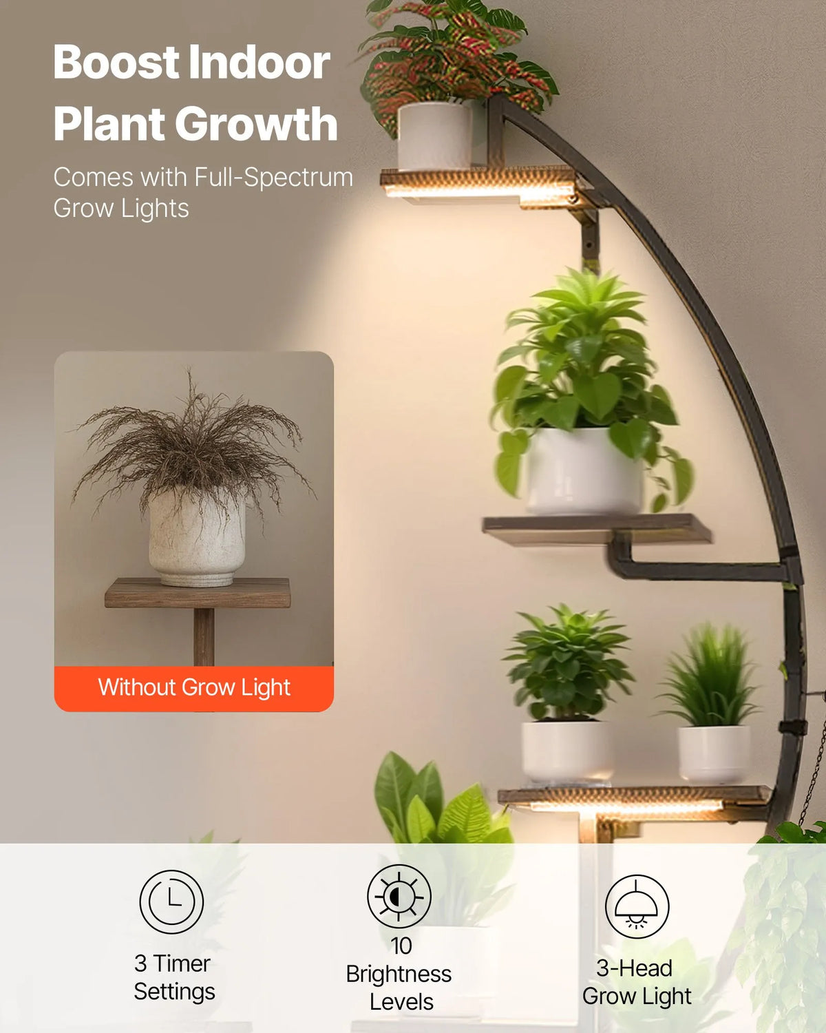 VEVOR Indoor Plant Stand with Grow Light, 166.5 cm Height, 7-Tier Crescent Metal Shelf (2-Piece Set) with Timer Function (3 Modes) and 10 Brightness Levels, Suitable for Flower and Plant Display in Living Room