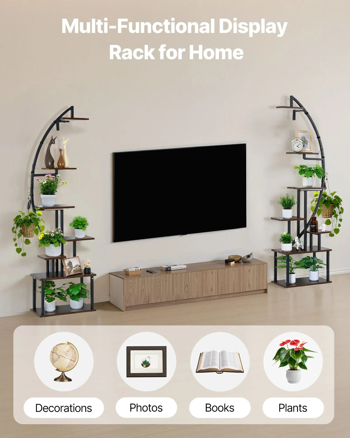VEVOR Indoor Plant Stand with Grow Light, 166.5 cm Height, 7-Tier Crescent Metal Shelf (2-Piece Set) with Timer Function (3 Modes) and 10 Brightness Levels, Suitable for Flower and Plant Display in Living Room
