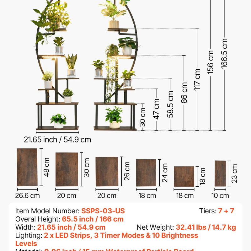 VEVOR iekštelpu augu statīvs ar audzēšanas apgaismojumu, 166,5 cm augsts, 7 līmeņu pusmēness formas metāla plaukts (2 gab. komplekts) ar taimera funkciju (3 režīmi) un 10 spilgtuma līmeņiem, piemērots ziedu un augu ekspozīcijai dzīvojamā telpā.