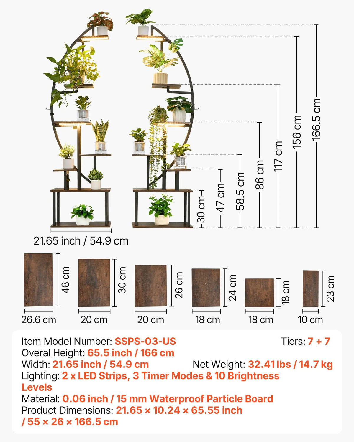 VEVOR Indoor Plant Stand with Grow Light, 166.5 cm Height, 7-Tier Crescent Metal Shelf (2-Piece Set) with Timer Function (3 Modes) and 10 Brightness Levels, Suitable for Flower and Plant Display in Living Room