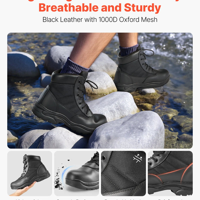 44_VEVOR vīriešu militārie taktiskie zābaki, 152 mm kaujas un pārgājienu darba zābaki, viegli, elpojoši un izturīgi motociklu zābaki āra drošībai un alpīnismam, ES izmērs 44