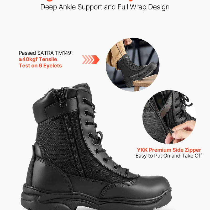 43_VEVOR vīriešu militārie taktiskie zābaki — 203 mm kaujas pārgājienu un darba zābaki ar sānu rāvējslēdzēju, viegli un elpojoši motociklu un drošības apavi āra darbiem un alpīnismam, ES izmērs 43