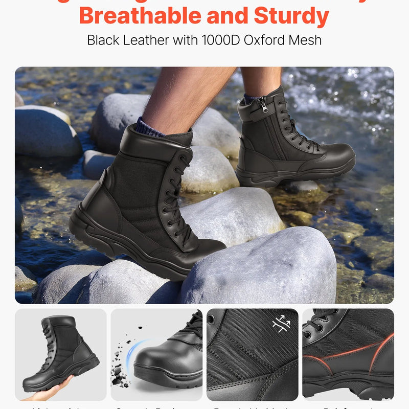 44_VEVOR vīriešu militārie taktiskie zābaki, 203 mm kaujas un pārgājienu darba zābaki ar sānu rāvējslēdzēju, viegli, elpojoši un izturīgi motociklu zābaki āra drošībai un alpīnismam, ES izmērs 44