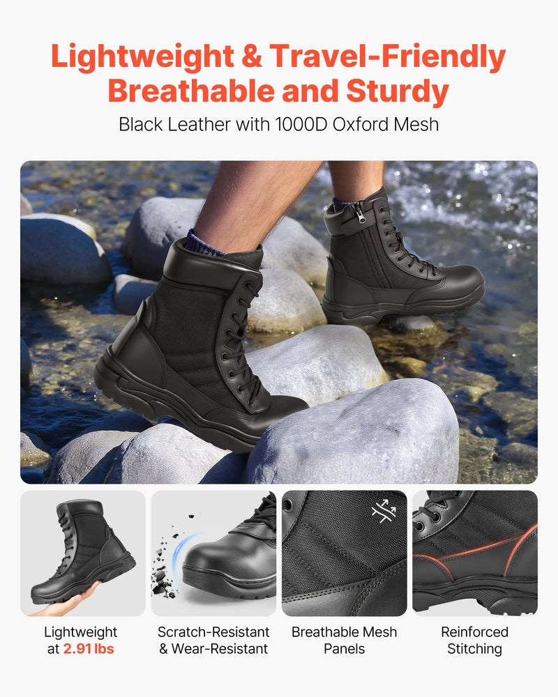 46_VEVOR vīriešu militārie taktiskie zābaki, 203 mm kaujas un pārgājienu darba zābaki ar sānu rāvējslēdzēju, viegli, elpojoši un izturīgi motociklu zābaki āra drošībai un alpīnismam, ES izmērs 46