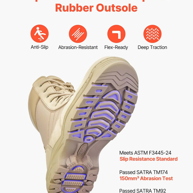 44_VEVOR vīriešu militārie taktiskie zābaki — 203 mm kaujas pārgājienu un darba zābaki ar sānu rāvējslēdzēju, viegli un elpojoši motociklu un drošības apavi āra darbiem, smilšu krāsā, ES izmērs 44