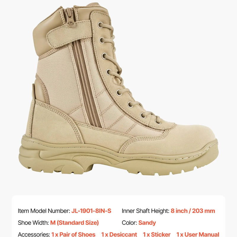 44_VEVOR vīriešu militārie taktiskie zābaki — 203 mm kaujas pārgājienu un darba zābaki ar sānu rāvējslēdzēju, viegli un elpojoši motociklu un drošības apavi āra darbiem, smilšu krāsā, ES izmērs 44