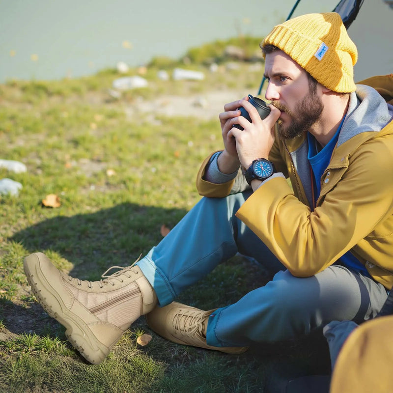 44_VEVOR vīriešu militārie taktiskie zābaki — 203 mm kaujas pārgājienu un darba zābaki ar sānu rāvējslēdzēju, viegli un elpojoši motociklu un drošības apavi āra darbiem, smilšu krāsā, ES izmērs 44