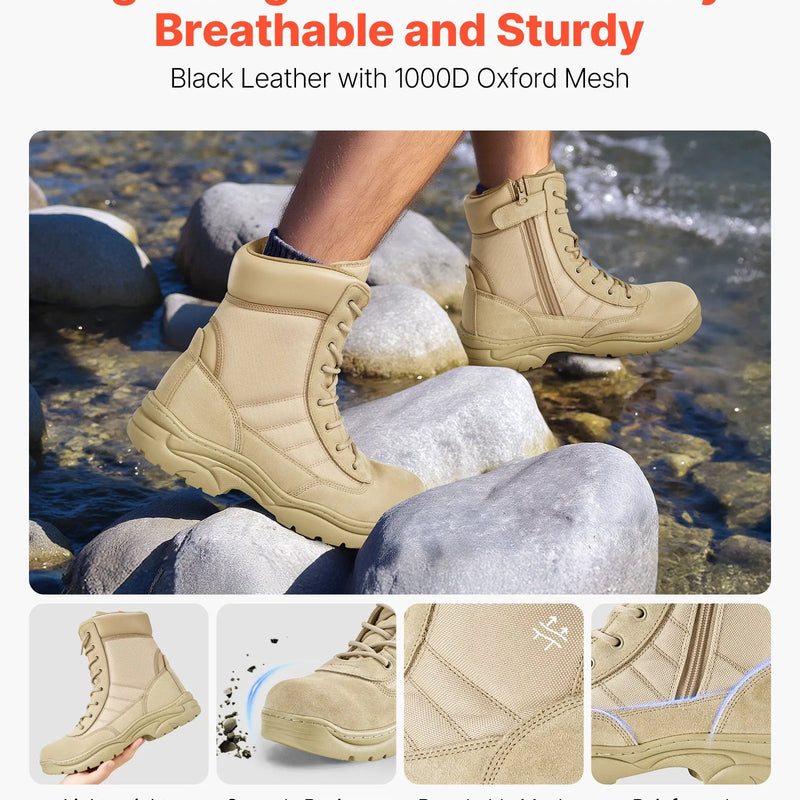 46_VEVOR vīriešu militārie taktiskie zābaki, 203 mm kaujas un pārgājienu darba zābaki ar sānu rāvējslēdzēju, viegli, elpojoši un izturīgi motociklu zābaki āra drošībai, smilšu krāsa, ES izmērs 46