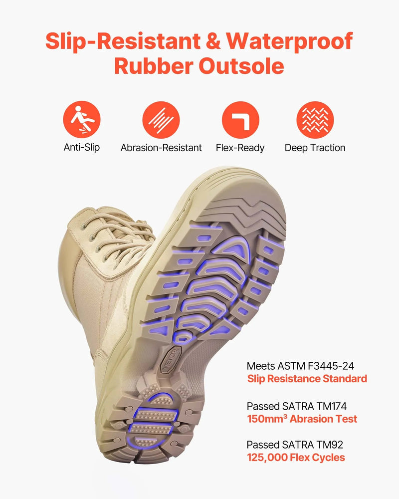 46_VEVOR vīriešu militārie taktiskie zābaki, 203 mm kaujas un pārgājienu darba zābaki ar sānu rāvējslēdzēju, viegli, elpojoši un izturīgi motociklu zābaki āra drošībai, smilšu krāsa, ES izmērs 46
