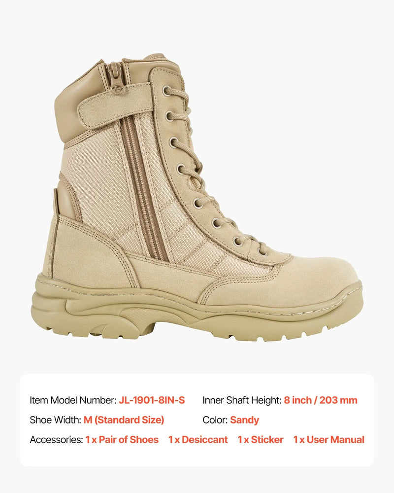 43_VEVOR vīriešu militārie taktiskie zābaki, 203 mm kaujas un pārgājienu darba zābaki ar sānu rāvējslēdzēju, viegli, elpojoši un izturīgi motociklu zābaki āra drošībai, smilšu krāsa, ES izmērs 43