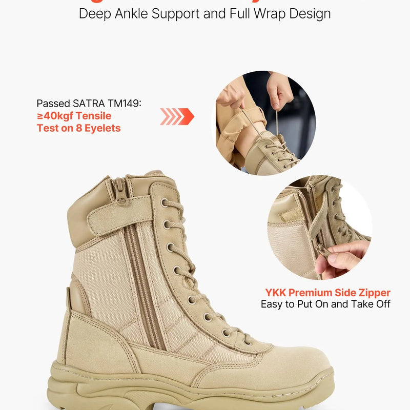 43_VEVOR vīriešu militārie taktiskie zābaki, 203 mm kaujas un pārgājienu darba zābaki ar sānu rāvējslēdzēju, viegli, elpojoši un izturīgi motociklu zābaki āra drošībai, smilšu krāsa, ES izmērs 43