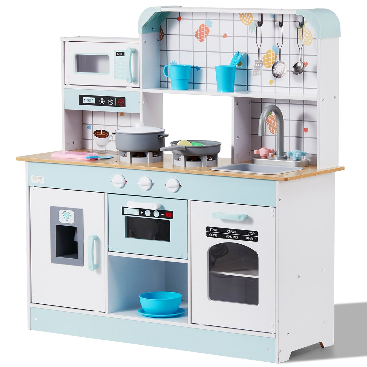 VEVOR Wooden Play Kitchen for Children with Light and Sound, 24 Accessories, White