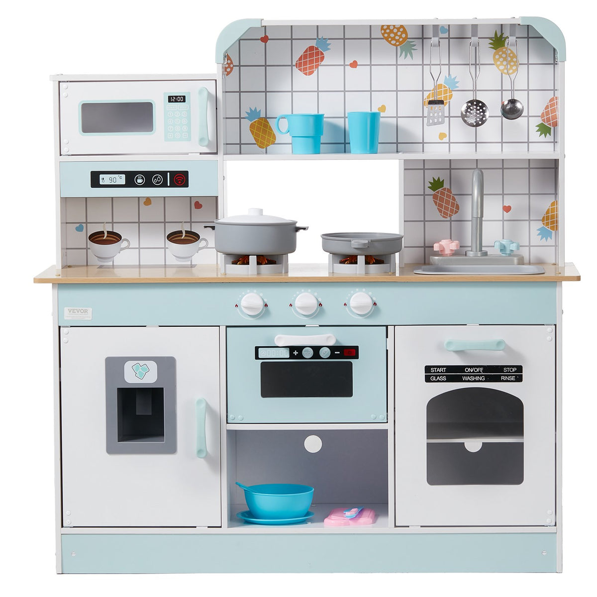 VEVOR Wooden Play Kitchen for Children with Light and Sound, 24 Accessories, White