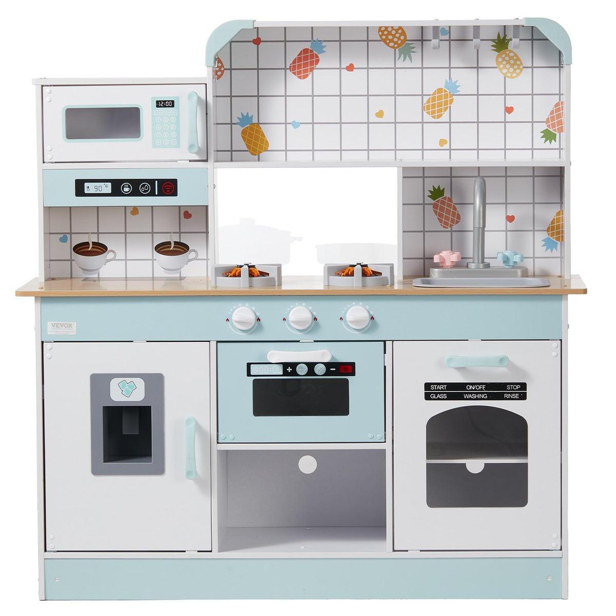 VEVOR Wooden Play Kitchen for Children with Light and Sound, 24 Accessories, White