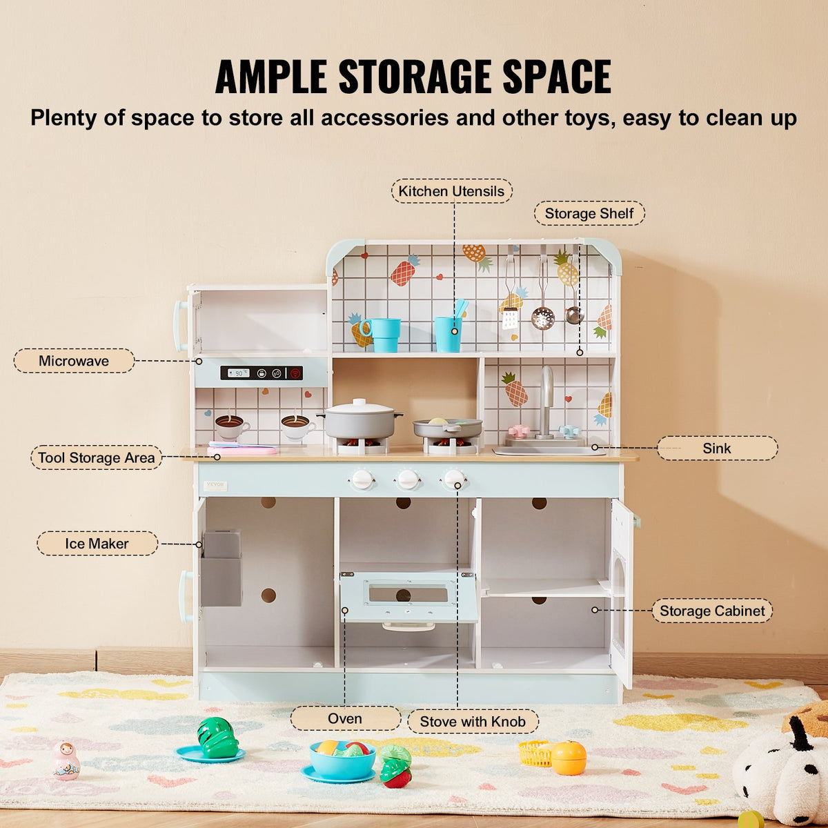 VEVOR Wooden Play Kitchen for Children with Light and Sound, 24 Accessories, White