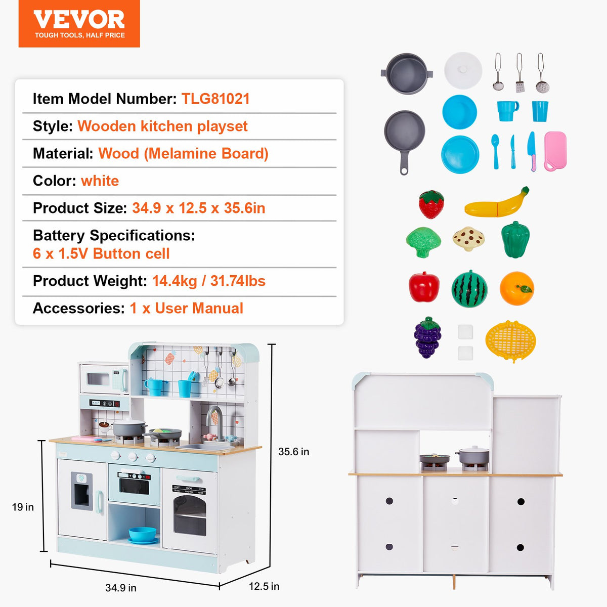 VEVOR Wooden Play Kitchen for Children with Light and Sound, 24 Accessories, White