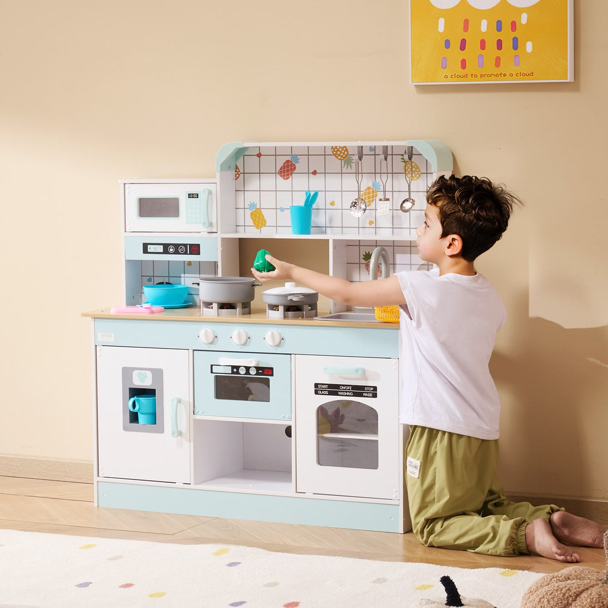 VEVOR Wooden Play Kitchen for Children with Light and Sound, 24 Accessories, White
