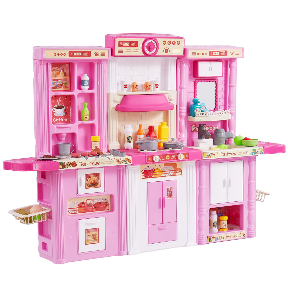 VEVOR 3 in 1 Play Kitchen for Kids with 74 Accessories, Pink