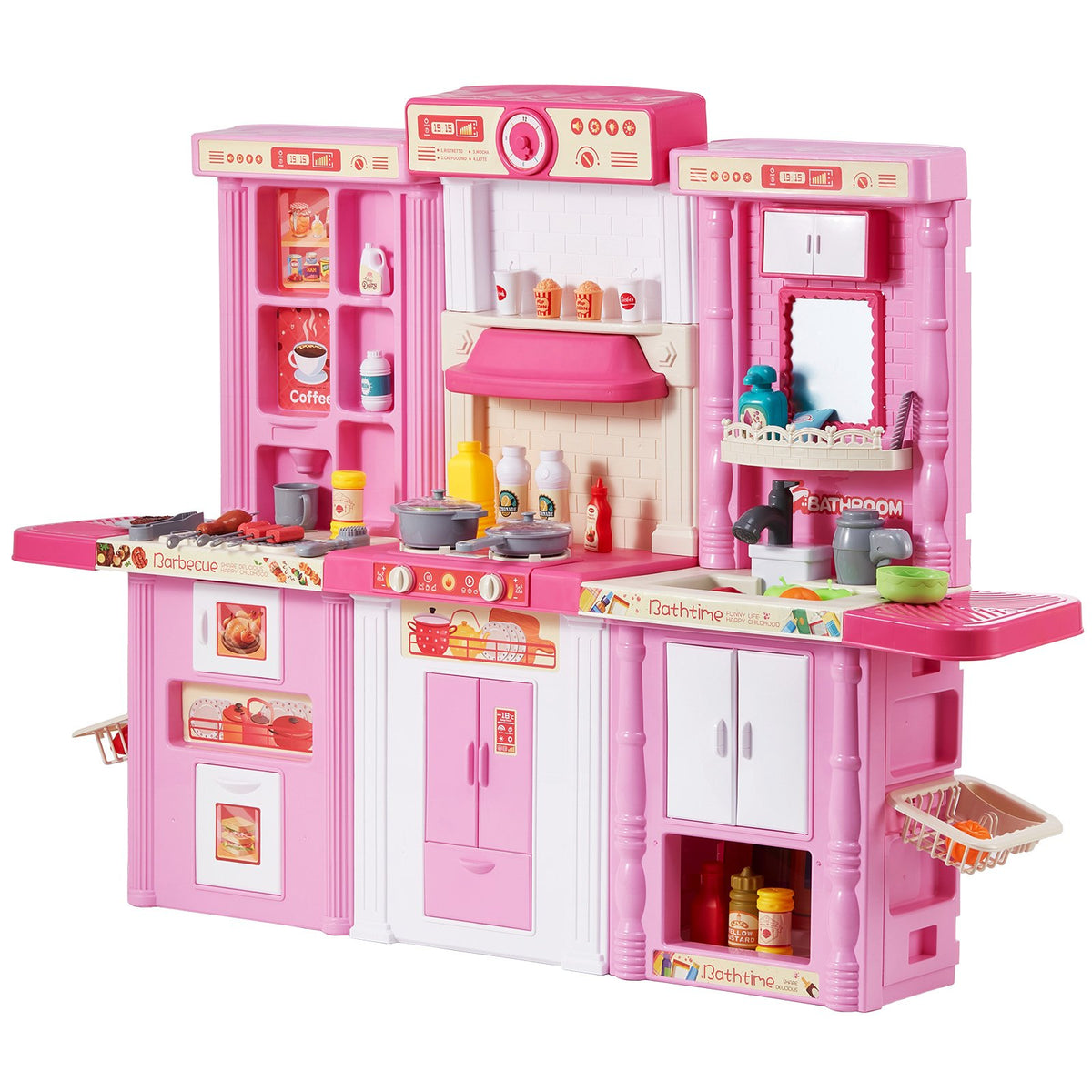 VEVOR 3 in 1 Play Kitchen for Kids with 74 Accessories, Pink