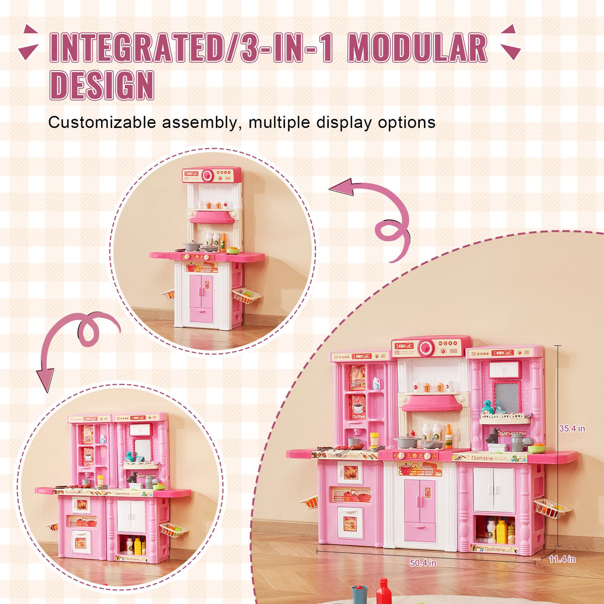 VEVOR 3 in 1 Play Kitchen for Kids with 74 Accessories, Pink