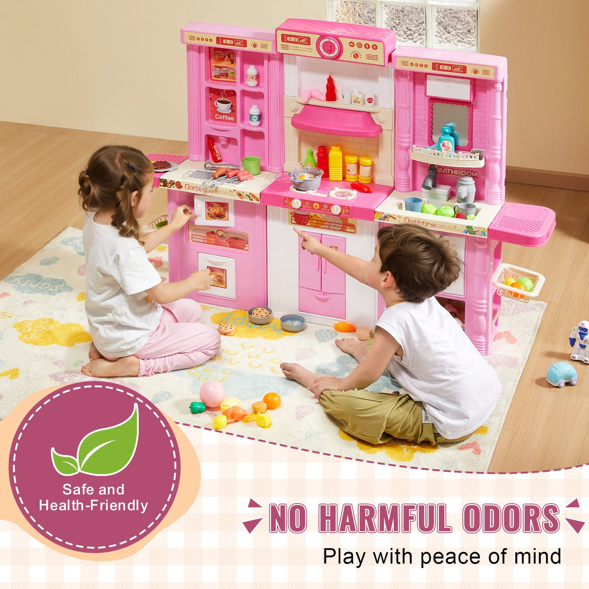 VEVOR 3 in 1 Play Kitchen for Kids with 74 Accessories, Pink