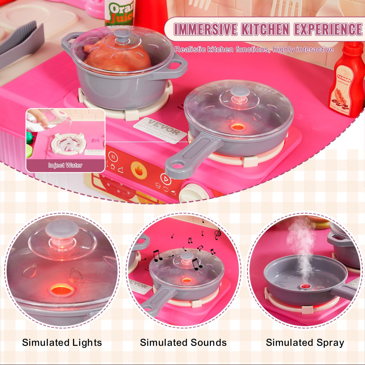 VEVOR 3 in 1 Play Kitchen for Kids with 74 Accessories, Pink
