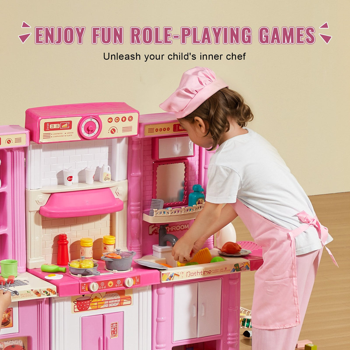 VEVOR 3 in 1 Play Kitchen for Kids with 74 Accessories, Pink