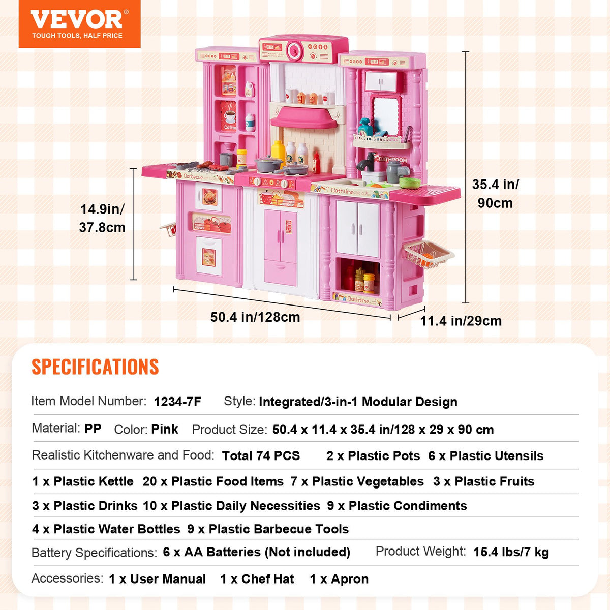 VEVOR 3 in 1 Play Kitchen for Kids with 74 Accessories, Pink