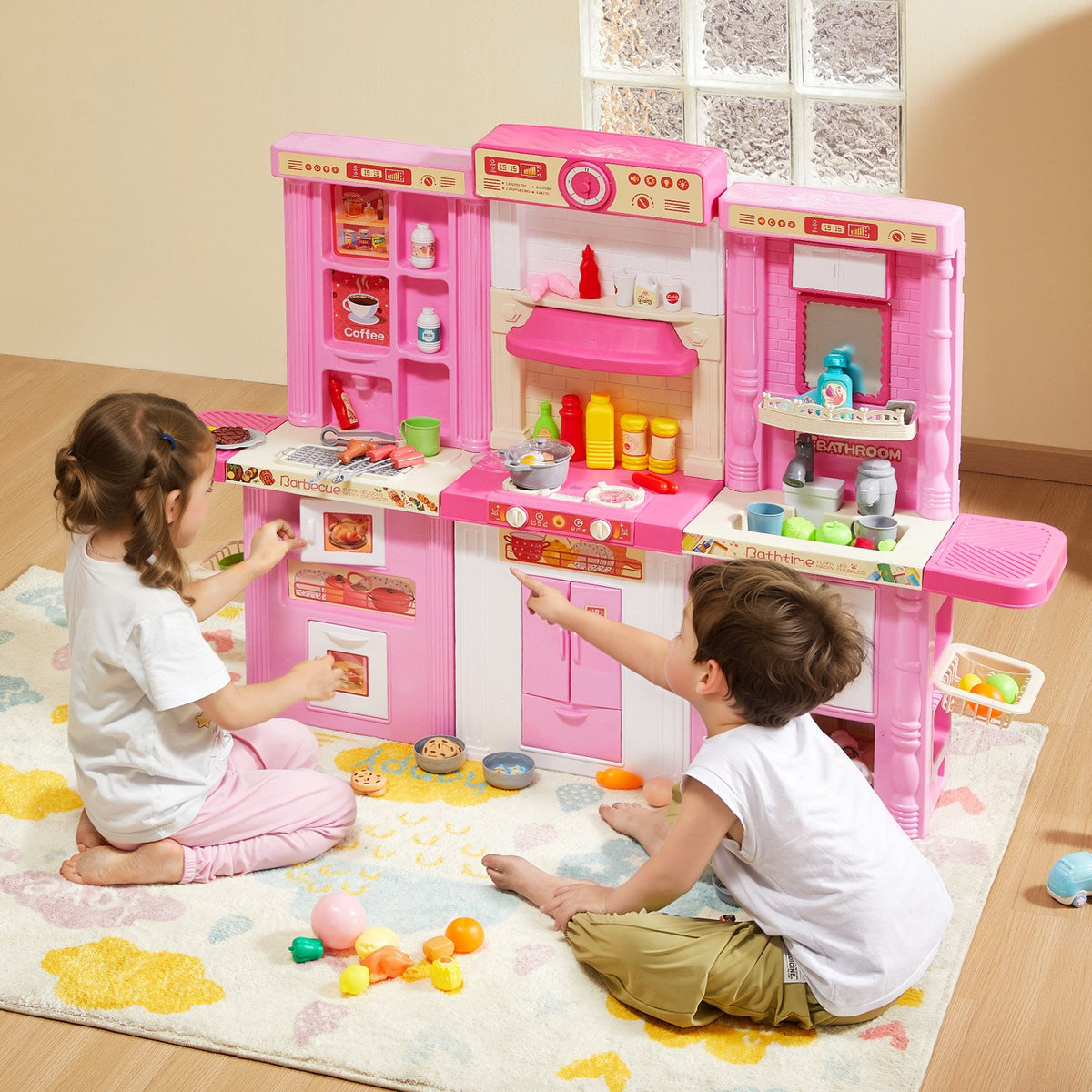 VEVOR 3 in 1 Play Kitchen for Kids with 74 Accessories, Pink